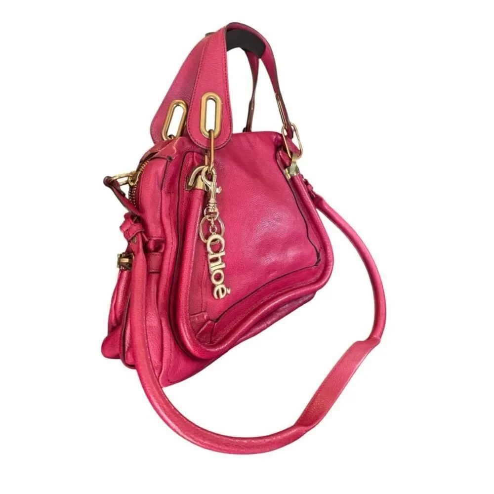 Chloe Fuchsia Pink Leather Medium Paraty 2way Satchel with Charm Auth